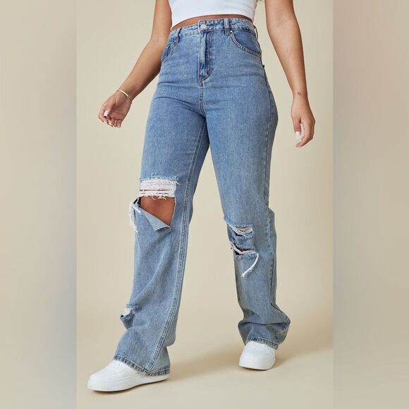Pretty Little Thing Jeans Women 4 Blue Distress Boyfriend Straight Leg Denim NEW - Picture 2 of 16